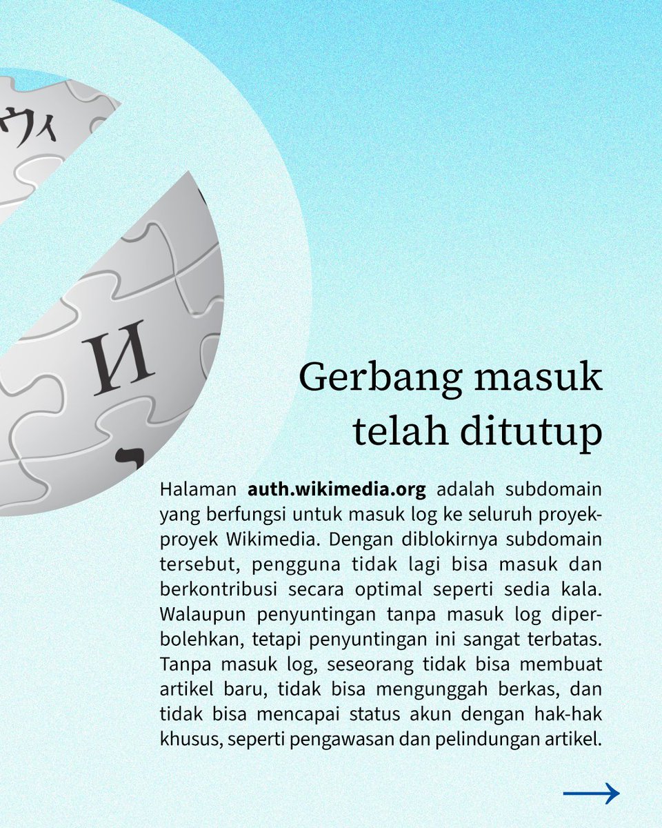 Sejak 25 Februari 2026, halaman masuk log Wikimedia (auth.wikimedia.org) telah diblokir oleh Pemerintah Indonesia. Halaman ini berfungsi sebagai pintu masuk bagi para sukarelawan untuk berkontribusi secara optimal di berbagai proyek Wikimedia.