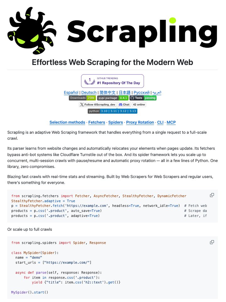 DataChaz's tweet photo. 🚨 Give your AI agent unrestricted internet access now.

@Scrapling_dev just crossed 20k ⭐ on GitHub 🤯

Here is why it is the ultimate backbone for modern web agents.

It solves the "Brittle Tool" problem.

When a website renames a CSS class, normal bots crash.

Scrapling adapts 🙌

Key Specs:
→ Stealth Mode: Undetectable TLS fingerprints.
→ Smart Routing: Mixes HTTP and Headless for max speed.
→ Performance: 10x faster serialization.
→ Universal: Works everywhere, from CLI to MCP.

The Setup:
1️⃣ Install once: pip install "scrapling[ai]"
2️⃣ Connect the MCP server.
✅ Done.

The best part?

It's 100% FREE and open-source.

I've included the link to Scrapling's repo in the 🧵 ↓