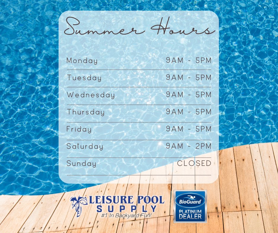 LeisurePoolJax's tweet photo. Hey there, friends! ☀️ 
Just a quick heads up that we’re switching to our Summer Hours! 🎉
#SummerVibes #ShopLocal #BioGuard https://t.co/0qEVgVFESw