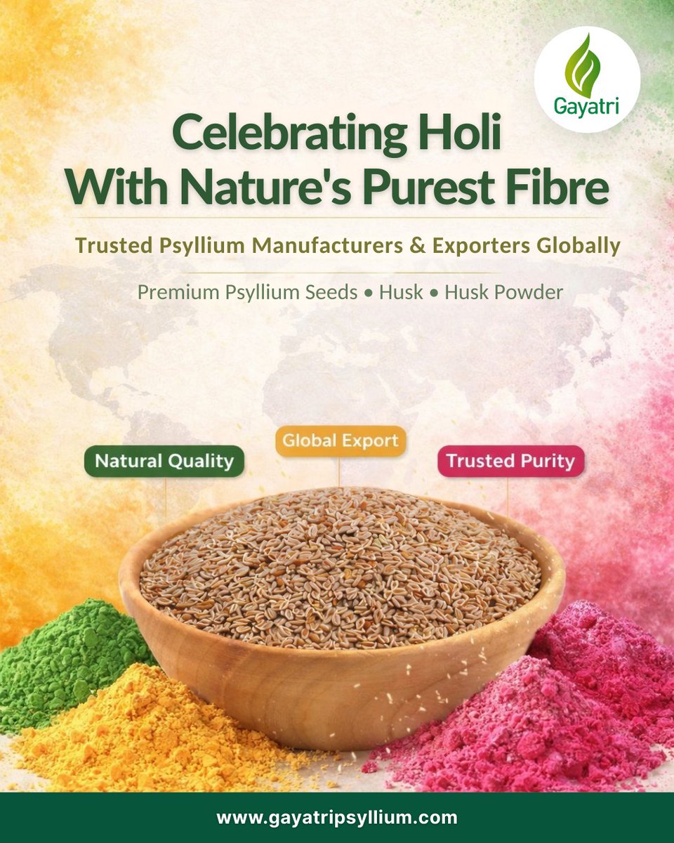 gayatripsyllium's tweet image. ✨#HappyHoli from #GayatriPsyllium✨

This #festivalofcolors reminds us of nature’s vibrance, purity &amp;amp; positivity to every batch of #premiumpsyllium we produced.

🔗gayatripsyllium.com

#Holi2026 #PsylliumExporter #GlobalSupplier #HealthyLiving #PsylliumHusk #GlobalExport