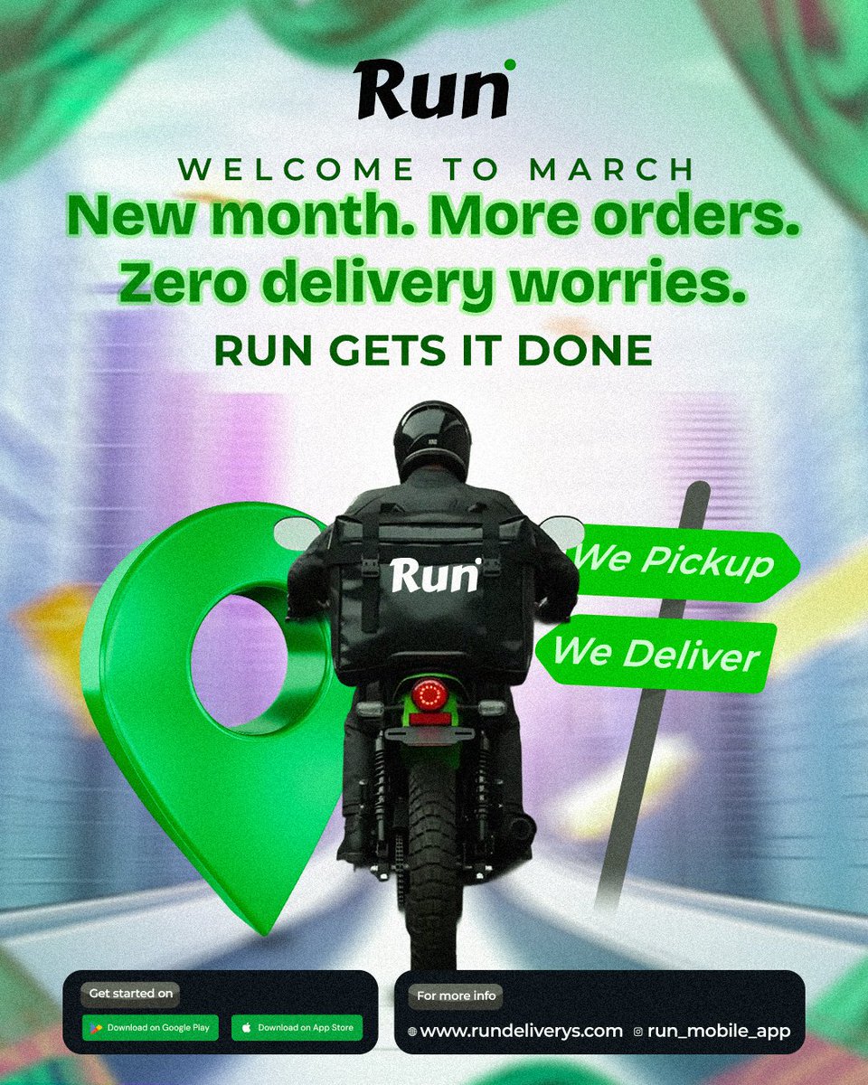 March is here

New month. 
New targets.

More deliveries to complete.
More businesses to support.

This is your reminder that growth doesn’t wait and neither should your logistics.

Whether you’re sending packages across the city or fulfilling customer orders daily, RUN keeps