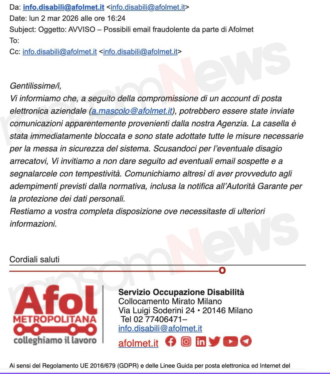 ransomnews's tweet image. 🚨 Afol notifies users of a cybersecurity incident

#Afol Metropolitana has notified users of a cybersecurity incident involving the compromise of a corporate email account. The communication does not specify the timeframe during which the incident occurred or how long the