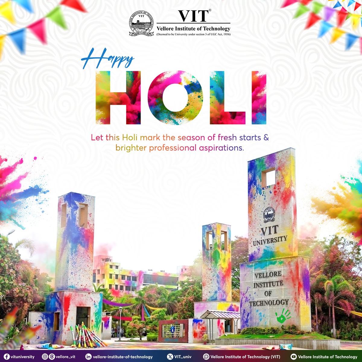 VIT_univ's tweet photo. Painting the campus with joy and our futures with ambition. Let the colours of Holi reflect the diversity and brilliance of VIT. 

Happy Holi to the entire VIT family... Wishing you a day as bright as your aspirations! 🌈✨ 

#VITVellore #Holi2026 #LifeAtVIT #HoliWishes https://t.co/1HraIbMRXB