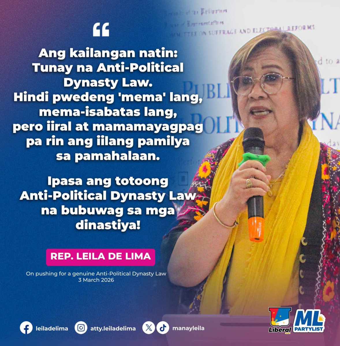 I will withdraw my co-authorship of the substitute bill on Anti-Political Dynasty that was approved at the House Committee level today. I refuse to be part of a measure institutionalizing dynasties.

Apat na dekada na itong isinusulong ng ating Saligang Batas, kaya hindi pwedeng