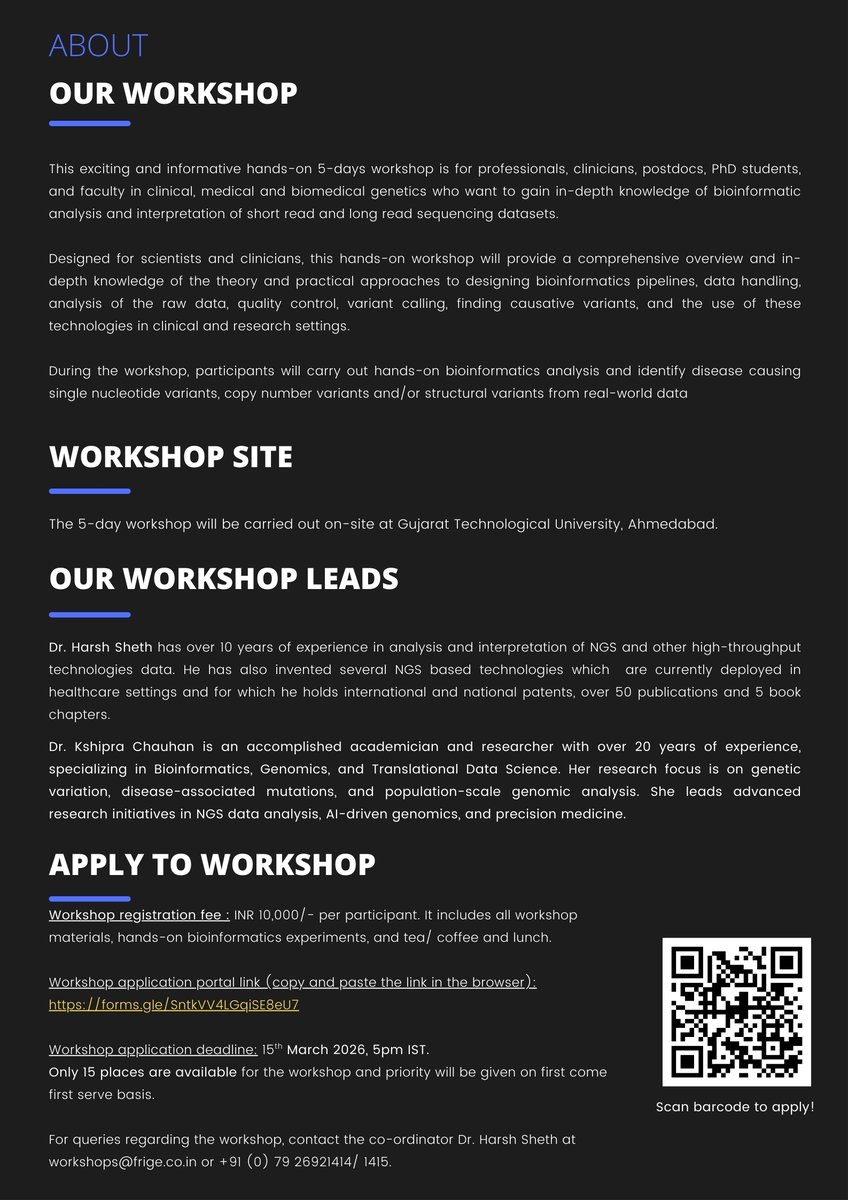 professor_gene's tweet photo. π’ From #FRIGEskunkworks and #DecipherDNA, we present 5-day, hands-on workshop on bioinformatics analysis of short and long read sequencing #NGS datasets.
The #workshop is aimed at clinicians, postdocs, PhD students, and faculty members in clinical, medical, and biomedical genetics who wants to gain in-depth knowledge of bioinformatics analyses and interpretation of #NGS dataset results.
This hands-on workshop will provide a comprehensive overview and in-depth knowledge of the theory and practical approaches to designing bioinformatics pipelines, data handling, analysis of the raw data, quality control, variant calling, finding causative variants, and the use of these technologies in clinical and research settings.
π
Dates: 13th to 17th April, 2026
π³ Workshop registration fee: Rs 10,000 (includes all workshop materials, hands-on bioinformatics experiments, and tea/ coffee and lunch)
π» Application portal: https://t.co/LCED20AeLT
π» Application deadline: Β 15th March 2026, 5pm IST.
Only 15 places available for the workshop and priority will be given on first come first serve basis.
#workshop #training #bioinformatics #datanalysis @illumina @nanopore @PremasLifeSc @gsbtm
See below for more details π