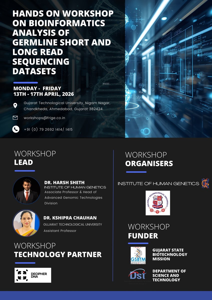 professor_gene's tweet photo. π’ From #FRIGEskunkworks and #DecipherDNA, we present 5-day, hands-on workshop on bioinformatics analysis of short and long read sequencing #NGS datasets.
The #workshop is aimed at clinicians, postdocs, PhD students, and faculty members in clinical, medical, and biomedical genetics who wants to gain in-depth knowledge of bioinformatics analyses and interpretation of #NGS dataset results.
This hands-on workshop will provide a comprehensive overview and in-depth knowledge of the theory and practical approaches to designing bioinformatics pipelines, data handling, analysis of the raw data, quality control, variant calling, finding causative variants, and the use of these technologies in clinical and research settings.
π
Dates: 13th to 17th April, 2026
π³ Workshop registration fee: Rs 10,000 (includes all workshop materials, hands-on bioinformatics experiments, and tea/ coffee and lunch)
π» Application portal: https://t.co/LCED20AeLT
π» Application deadline: Β 15th March 2026, 5pm IST.
Only 15 places available for the workshop and priority will be given on first come first serve basis.
#workshop #training #bioinformatics #datanalysis @illumina @nanopore @PremasLifeSc @gsbtm
See below for more details π