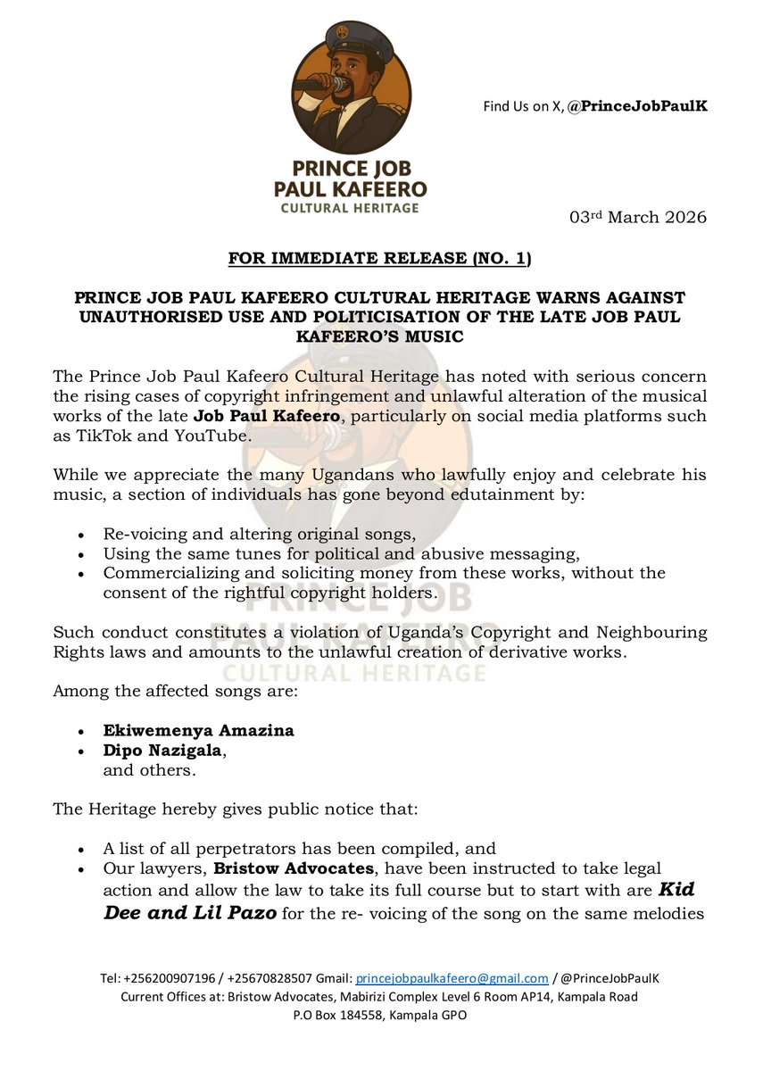 PrinceJobPaulK's tweet photo. PRESS RELEASE
As we appreciate Ugandans for utilising the works of the legendary Paul Kafeero in an edutainment manner, we have also singled out individuals who have violated the legacy of the late.

Be reminded that Copyright works examples loading.....  #Kid_Dee, &amp; #Lilpazo https://t.co/YVFDGEYUnM