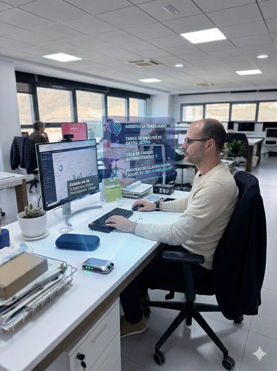 Foto generada con IA. Álvaro currando en la ofi de Coderty con agentes IA.