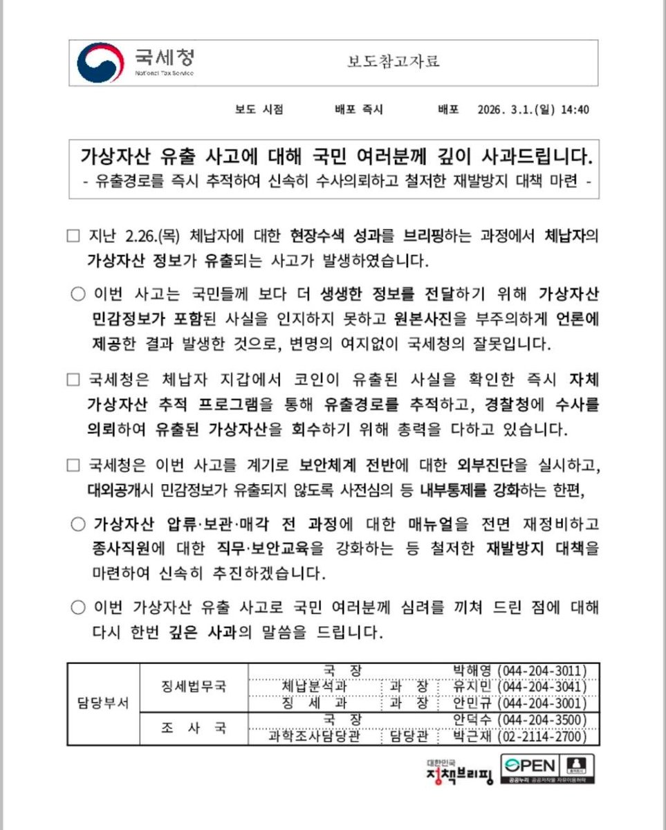 The Korean government has apologized for exposing the seed phrase of a confiscated crypto asset in an official report, which subsequently led to the wallet being hacked twice in succession.