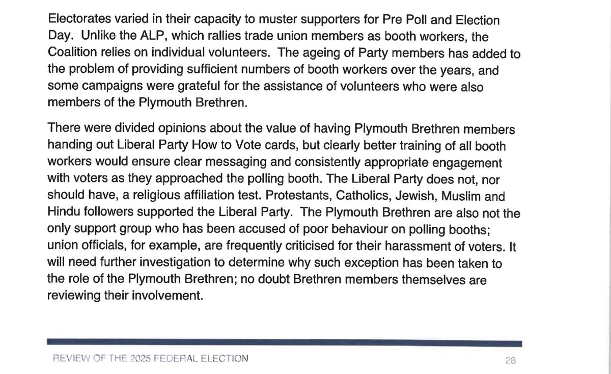 brenthoare's tweet image. Despite many denials of orchestrated Plymouth Brethren cult members’ involvement in the 2025 Liberal election campaign it’s interesting to see this sole reference in their review, a pity no relevant recommendations are made. #auspol #ausvotes