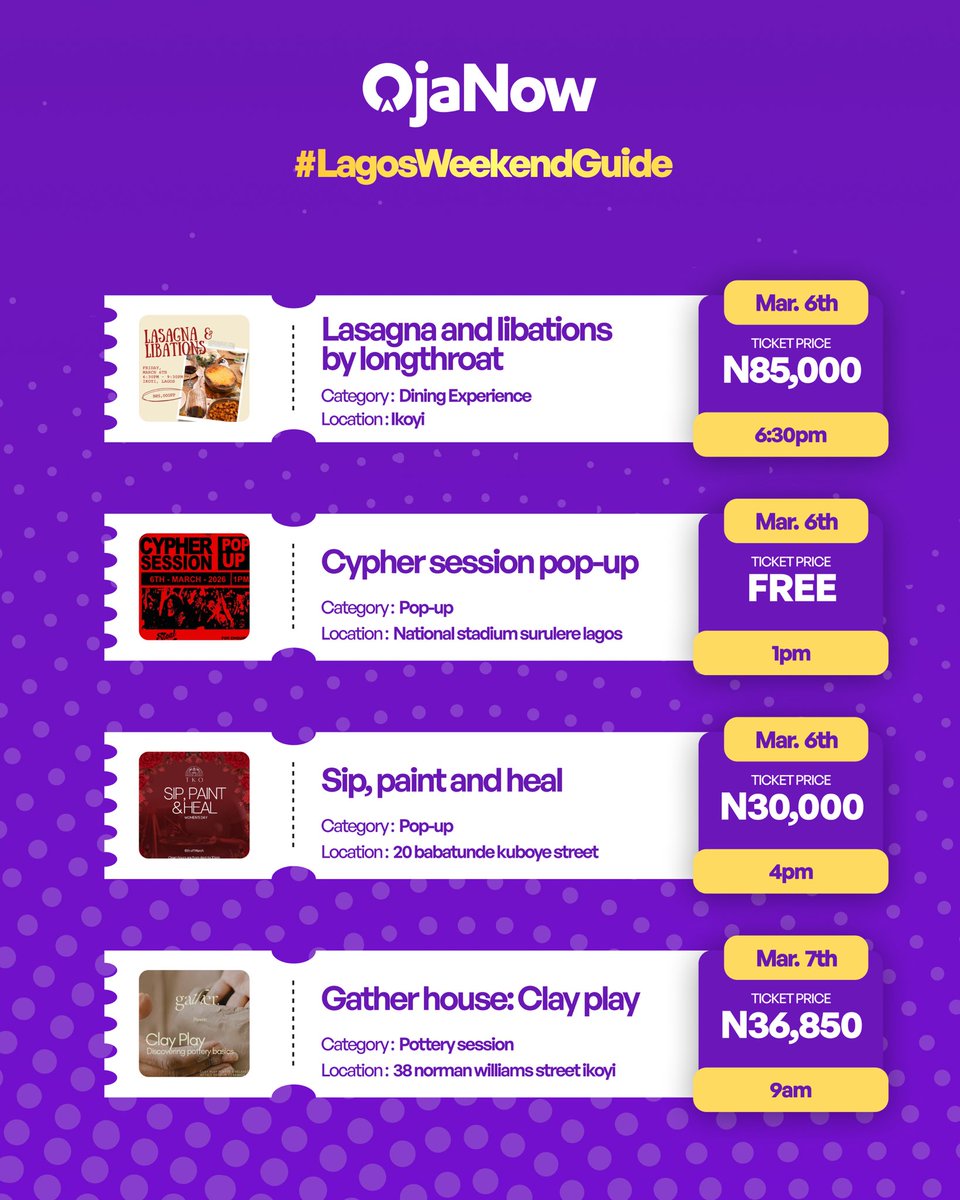 ojanowpass's tweet photo. What’s in your itinerary for the week⁉️

From art sessions to parties and curated experiences across Lagos🕺🏽

Save this so you don’t miss out.

Download the OjaNow app and access tickets instantly with OjaNow Pass.🚀🌍

#OjaNowPass #LagosEvents #WhatsHappeningInLagos https://t.co/nXuSgvK530