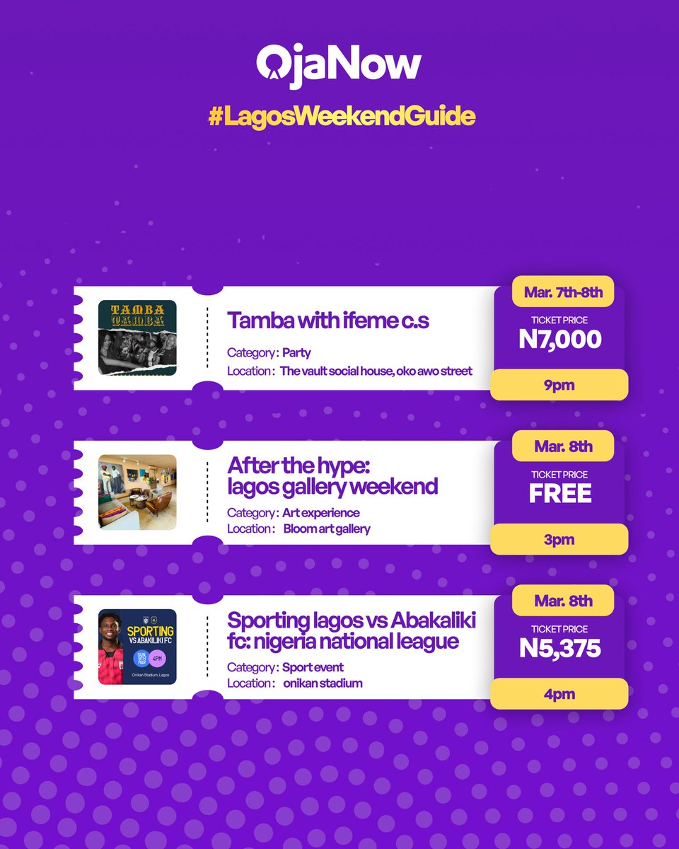 ojanowpass's tweet photo. What’s in your itinerary for the week⁉️

From art sessions to parties and curated experiences across Lagos🕺🏽

Save this so you don’t miss out.

Download the OjaNow app and access tickets instantly with OjaNow Pass.🚀🌍

#OjaNowPass #LagosEvents #WhatsHappeningInLagos https://t.co/nXuSgvK530
