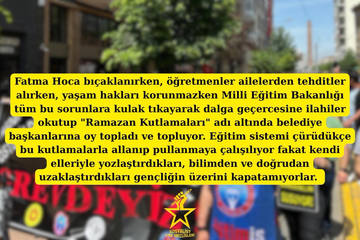SLMeclisleri's tweet photo. Fatma Hoca bıçaklanırken, öğretmenler ailelerden tehditler alırken, yaşam hakları korunmazken Milli Eğitim Bakanlığı tüm bu sorunlara kulak tıkayarak dalga geçercesine ilahiler okutup “Ramazan Kutlamaları” adı altında belediye başkanlarına oy topladı ve topluyor. https://t.co/0qkELlamKU
