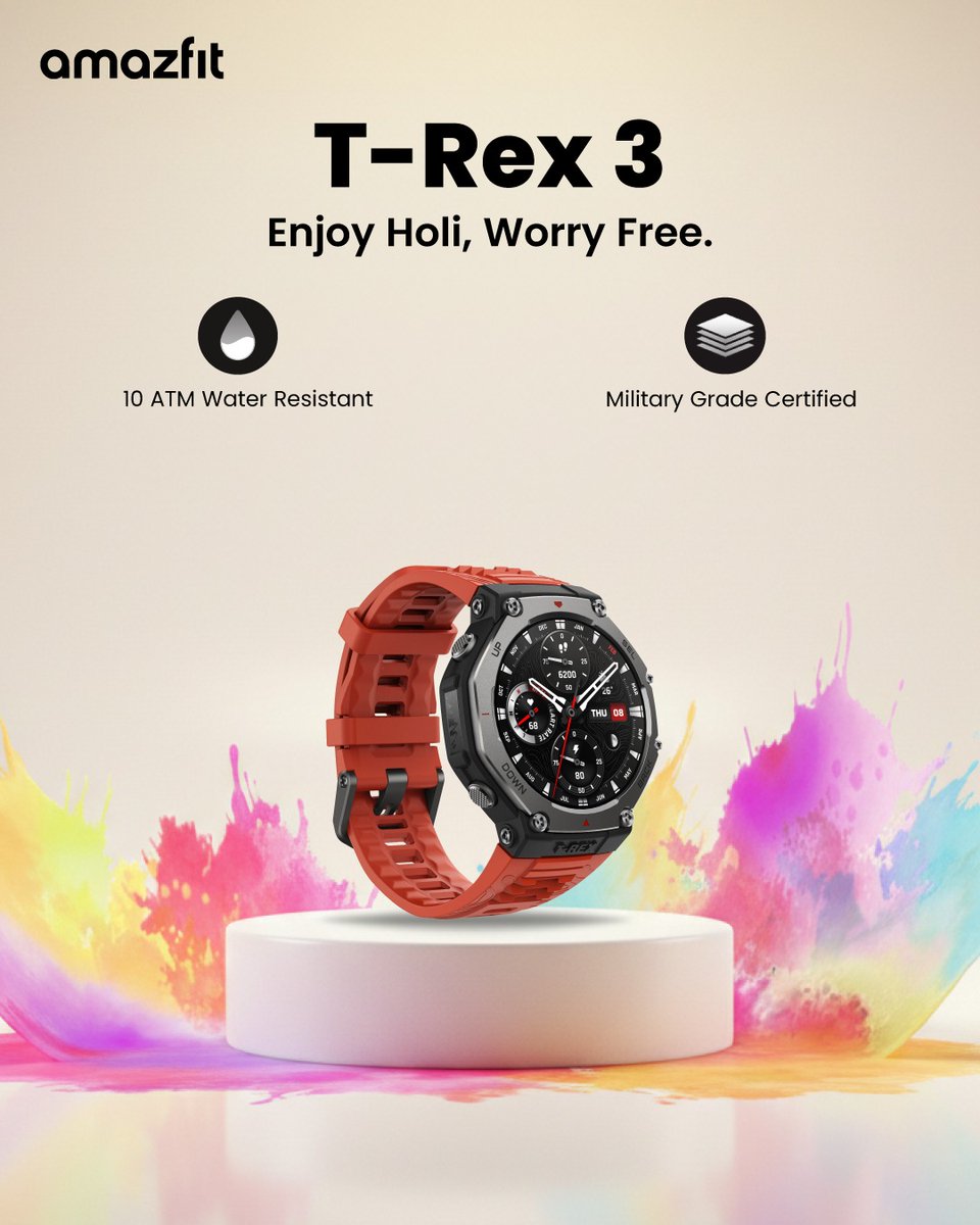 AmazfitIN's tweet image. With 10 ATM water resistance and military-grade toughness, T-Rex 3 is ready for every splash of Holi.

Celebrate without limits:
in.amazfit.com/products/amazf…

#Amazfit #TRex3 #HoliReady #BuiltTough #AdventureReady