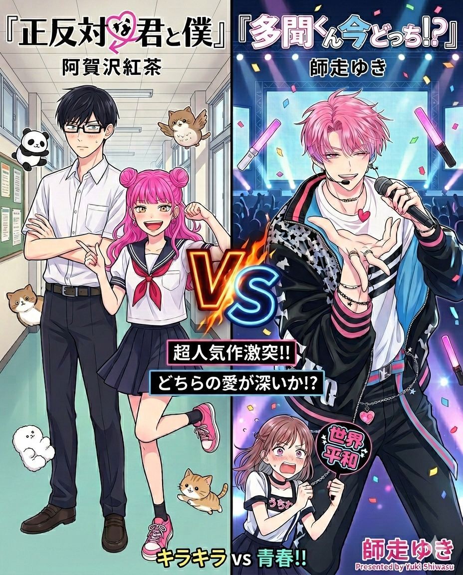 manganavi's tweet photo. 『正反対な君と僕』VS『多聞くん今どっち!?』
アニメ・漫画・OP/ED音楽でガチ対決したら…
「表紙のビジュアルまで完全比較」したら脳がバグった😂
　
どっちの表紙が尊い？正反対すぎて笑うしかないやつ
表紙全開拡大ページ見に来て〜👀✨
多聞くんオンパレードは👇
→ https://t.co/p9CwwaJ0hB
鈴木さんと谷くんに会いたいなら👇
→https://t.co/jFZoVsoaS7

#正反対な君と僕 #多聞くん今どっち #せいはんたい #たもんくん