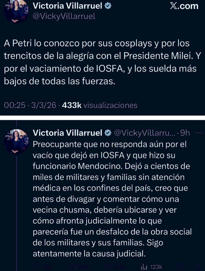 💣LOS TUITS DE VILLARRUEL

Decidida a llevarse todo puesto:

🔥 “A Petri lo conozco por sus cosplays y sus trencitos de la alegría con Milei y por el VACIAMIENTO de IOSFA”

🔥 “Antes de divagar y comentar como una vecina chusma, debería ubicarse y ver cómo afronta judicialmente