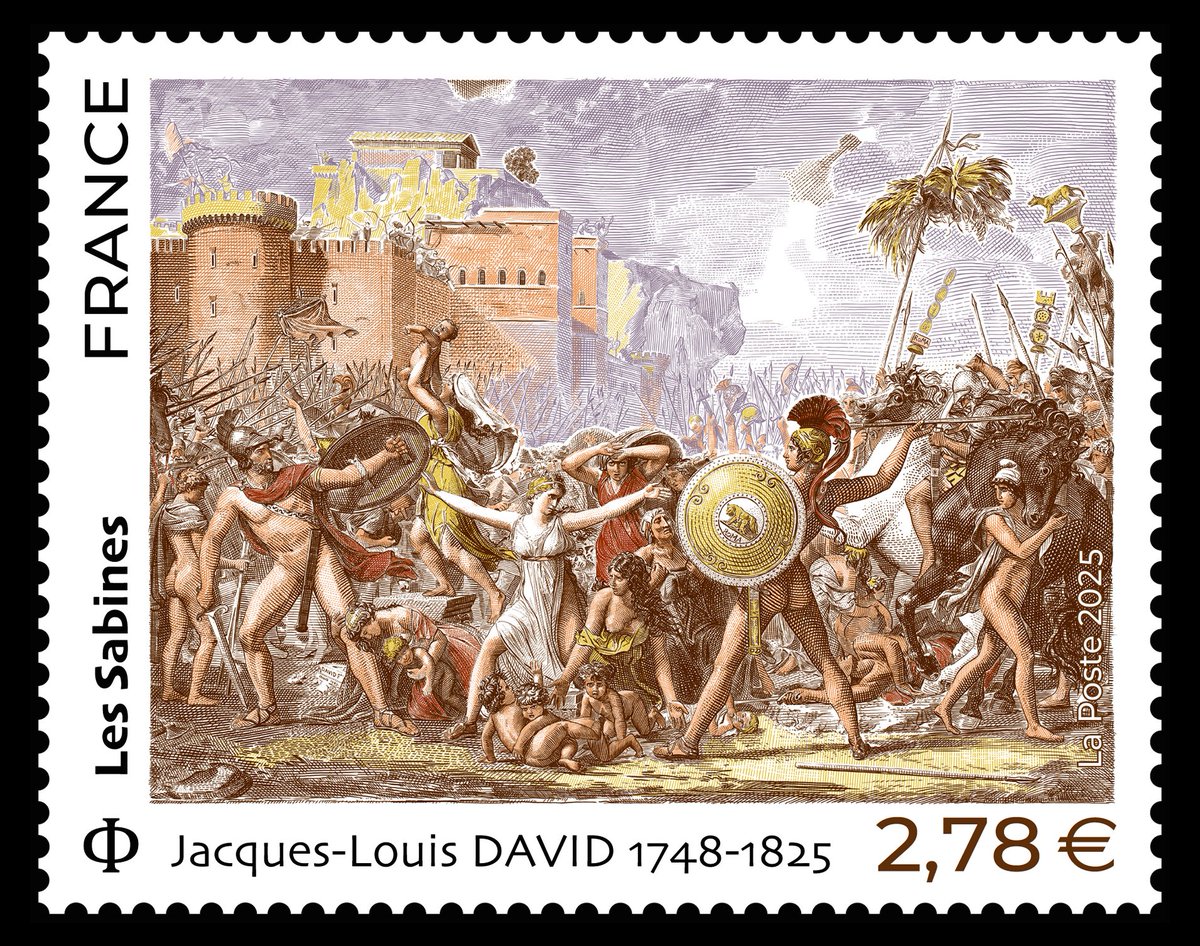_Stampextras_'s tweet photo. That's 2026 folks!!: The Intervention of the Sabine Women (Les Sabines) - Jacques-Louis David, 1799 [France, 2025]  #stamps #philately #philatelie #timbres #briefmarken #laposte #post #Europe #france #paris #art #classic #myth #rome #war #painting #maller #postmark #postcrossing https://t.co/hxpJ9lcnzJ