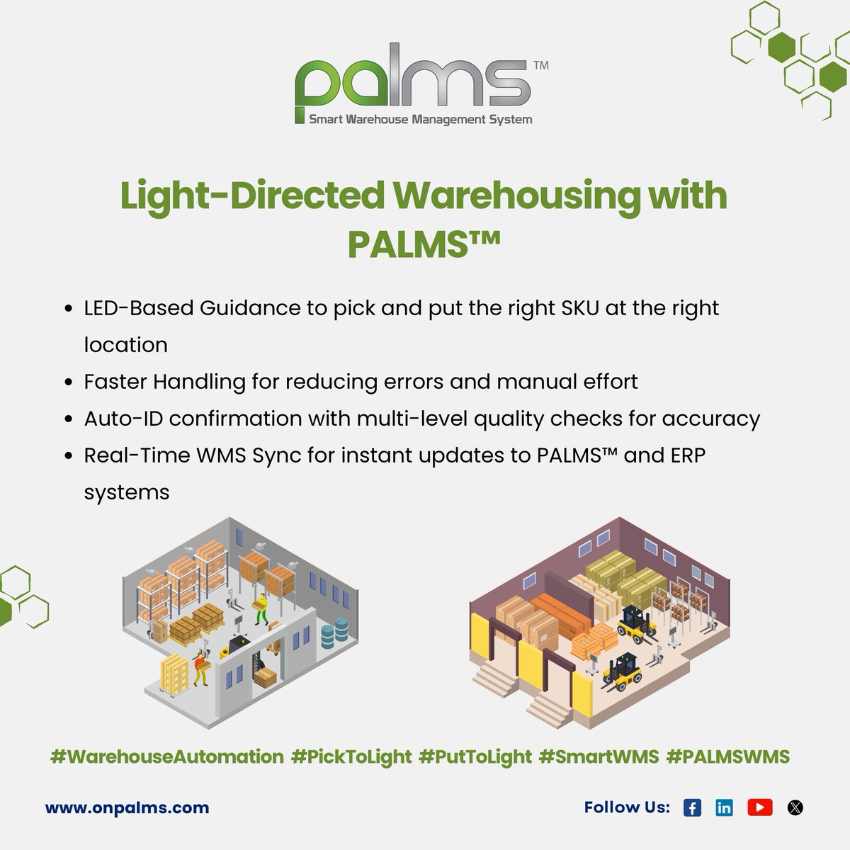 onpalms1's tweet image. Speed up order fulfillment and improve picking accuracy with PALMS™ Light Systems.
Know More: shorturl.at/RRGi5
#lightsystem #picktolight #PutToLight #WMS #WarehouseManagementSystem  #SmartWarehousing #inventorymanagement #warehousemanagementsoftware #onpalms