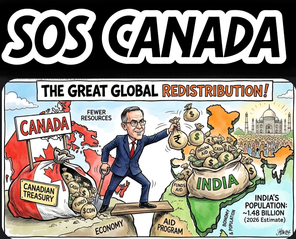 prettypatriotCA's tweet photo. Carney Corruption is on full display in Canada - SOS.
‐-------------------------‐----------‐----
In 2026, India's population is roughly 35.5 times larger than Canada's.
To put that scale into perspective, here is how the numbers break down:
 * India's Population: ~1.477 Billion
 * Canada's Population: ~41.6 Million
Visualizing the Difference
 * A "New Canada" every year: India’s annual population growth (about 12.7 million people) means that every 3.3 years, India adds enough new people to equal the entire population of Canada.
 * The "Empty" North vs. The "Crowded" Subcontinent: While India is the 7th largest country by land, its population density is massive at 497 people per km^2. Canada, the 2nd largest country by land, has a density of only 4 people per km^2.
 * State vs. Country: A single Indian state, like Uttar Pradesh (estimated at 244 million in 2026), has nearly 6 times the population of the entire country of Canada.
While Canada’s population growth is expected to stay relatively flat this year due to shifting immigration targets, India continues to expand, further widening this gap. Via Gemini.
