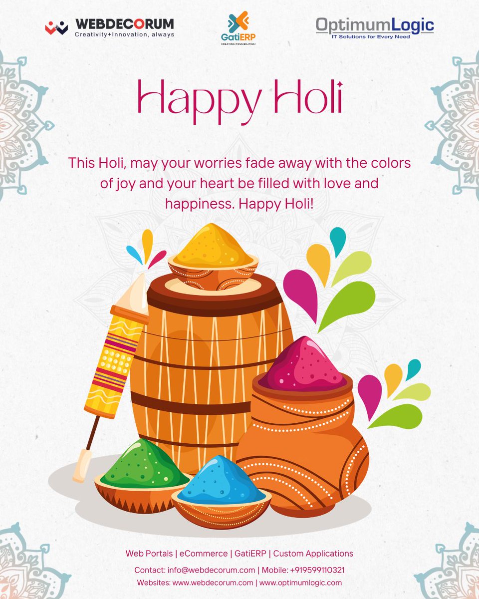 webdecorum's tweet photo. ✨Celebrating the Green of growth, Blue of tech, and Red of passion this Holi. Wishing your business a vibrant &amp; successful year ahead! 🎨 

Together, let’s turn every challenge into a colorful success story. Happy Holi 2026!

#Webdecorum #Holi2026 #DigitalAgency #Optimumlogic https://t.co/jBIFOzOdxi