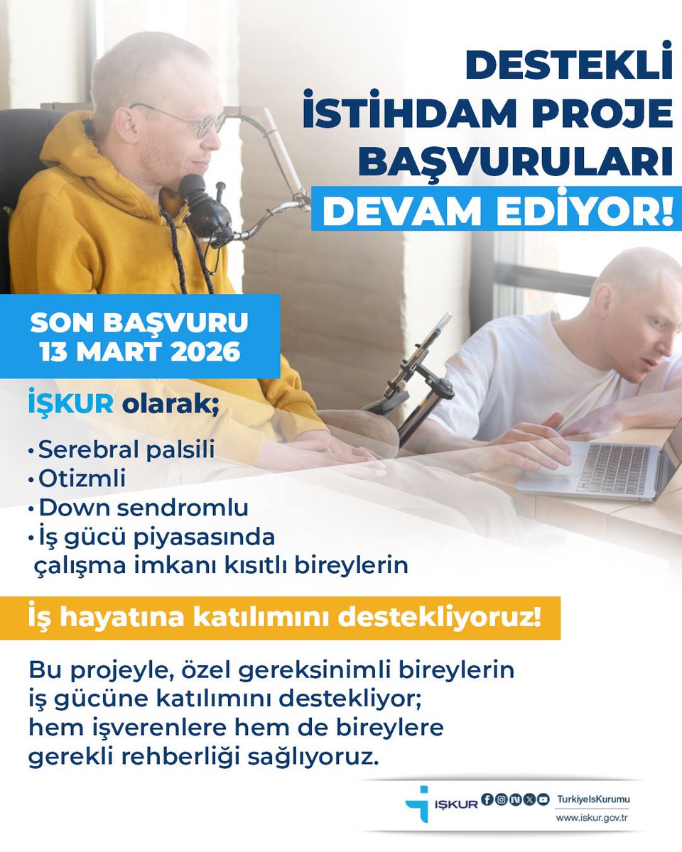🧩Özel gereksinimli bireylerin iş gücüne katılımını destekliyoruz❗

➡️Detaylı bilgi için: 
🔗iskur.gov.tr | engelsiz.iskur.gov.tr
🗓️Son Başvuru Tarihi: 13 Mart 2026