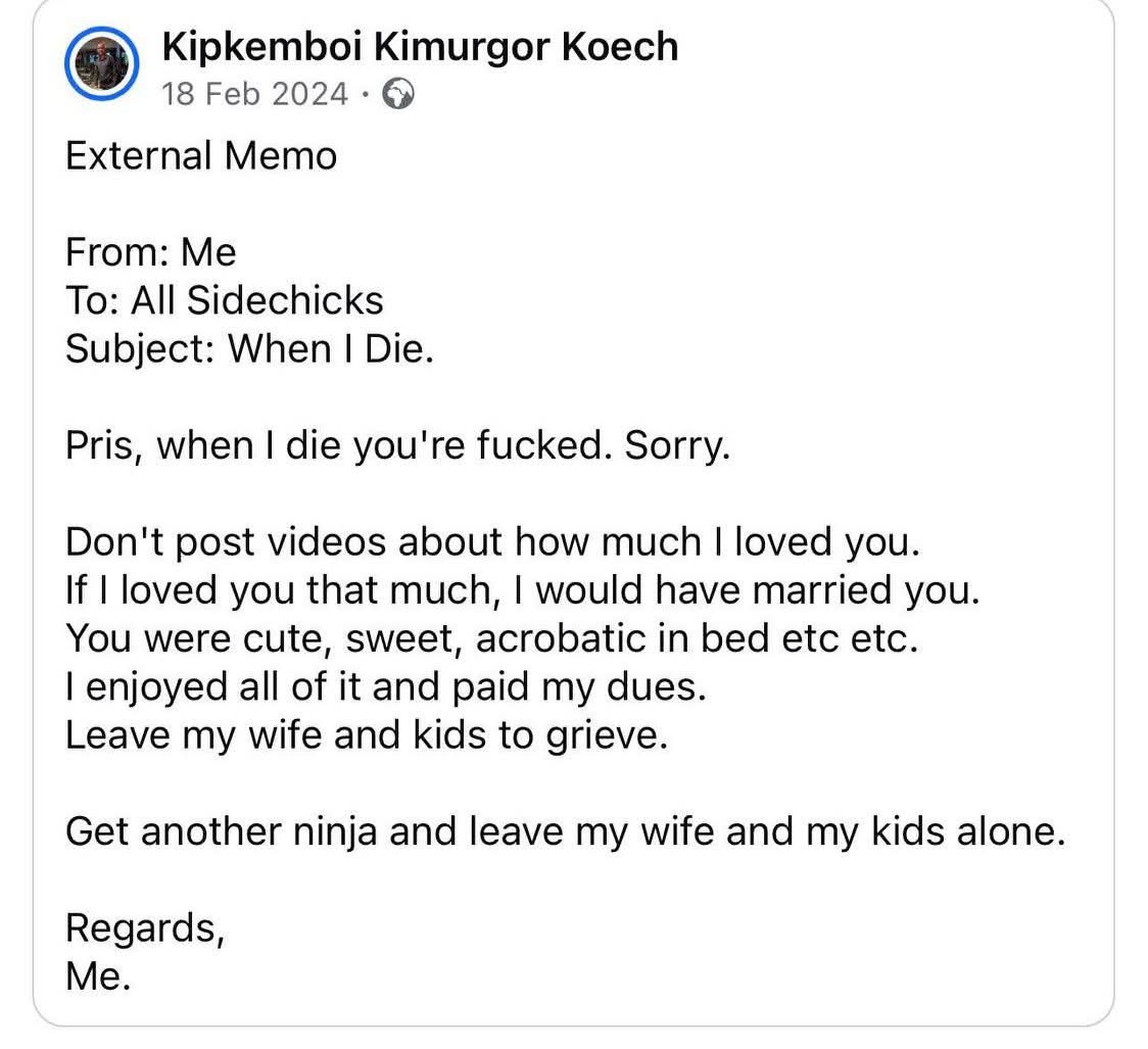 ArapTilingi's tweet photo. A strong message to the sidechicks from Kimurgor. https://t.co/no4yUJNHDa