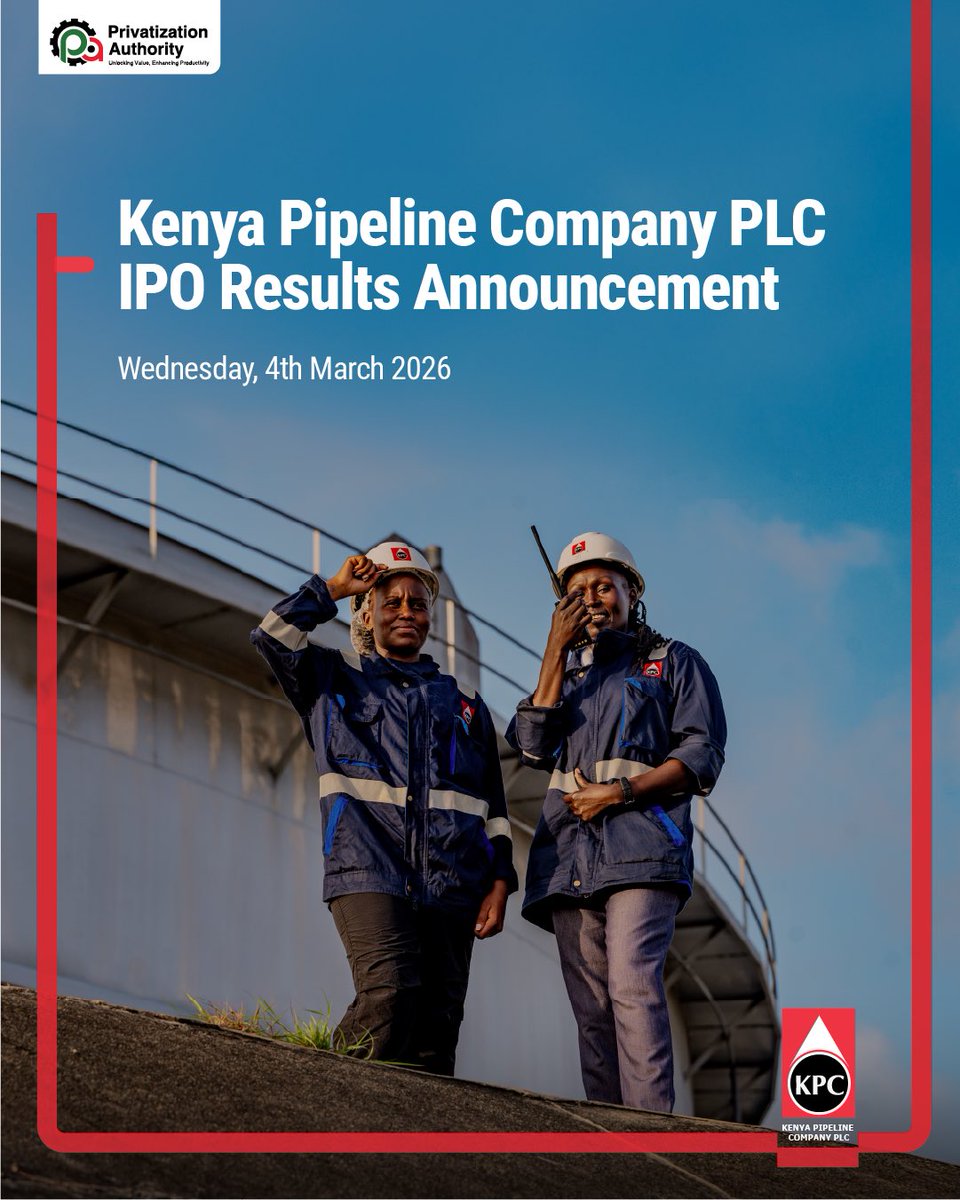 PrivatisationKE's tweet photo. Kenya invested.

Kenya participated.

Tomorrow, Kenya hears the results.

The Kenya Pipeline IPO Results Announcement takes place on 4th March 2026 at 9:00 AM. https://t.co/JAkvmd91s7