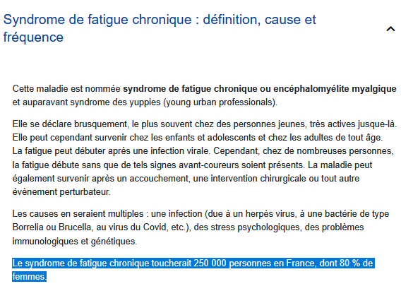 nicolasberrod's tweet photo. Le nombre de malades a ainsi "explosé" depuis le Covid. 

En France, le ministère de la Santé évoque 250 000 malades mais l’association Millions Missing avance une fourchette de 400 000 à plus d’1,5 million de patients, dont la vie quotidienne est souvent très impactée.

4/10