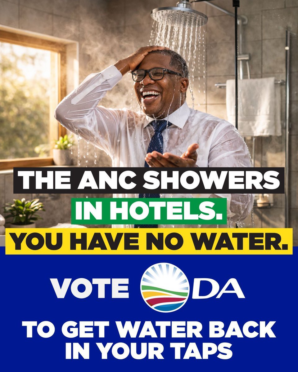 🚿 Panyaza Lesufi and the ANC shower in hotels while you don’t have water! A vote for the DA will put water in your taps 24/7.

The DA is fighting to put water first in every municipal budget &amp; to protect water funds so they are reinvested into fixing infrastructure.

#FixDryTaps