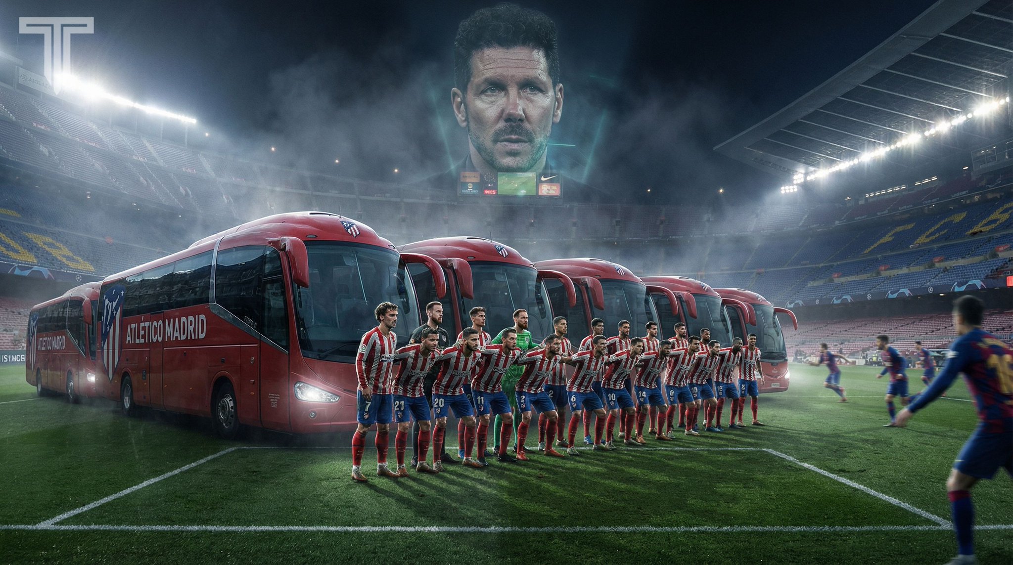 سيميوني يستعد لتحويل أتليتكو أمام برشلونة إلى أسطول من الحافلات الدفاعية. سيميوني مستعد للدفاع بكل قوة عن تقدم أتلتيكو مدريد 4-0 الليلة بطريقة استثنائية، مع 5 مدافعين و4 لاعبي وسط، وكأن الفريق أصبح جدارًا منيعا لا يمكن اختراقه.. المصدر: marca 