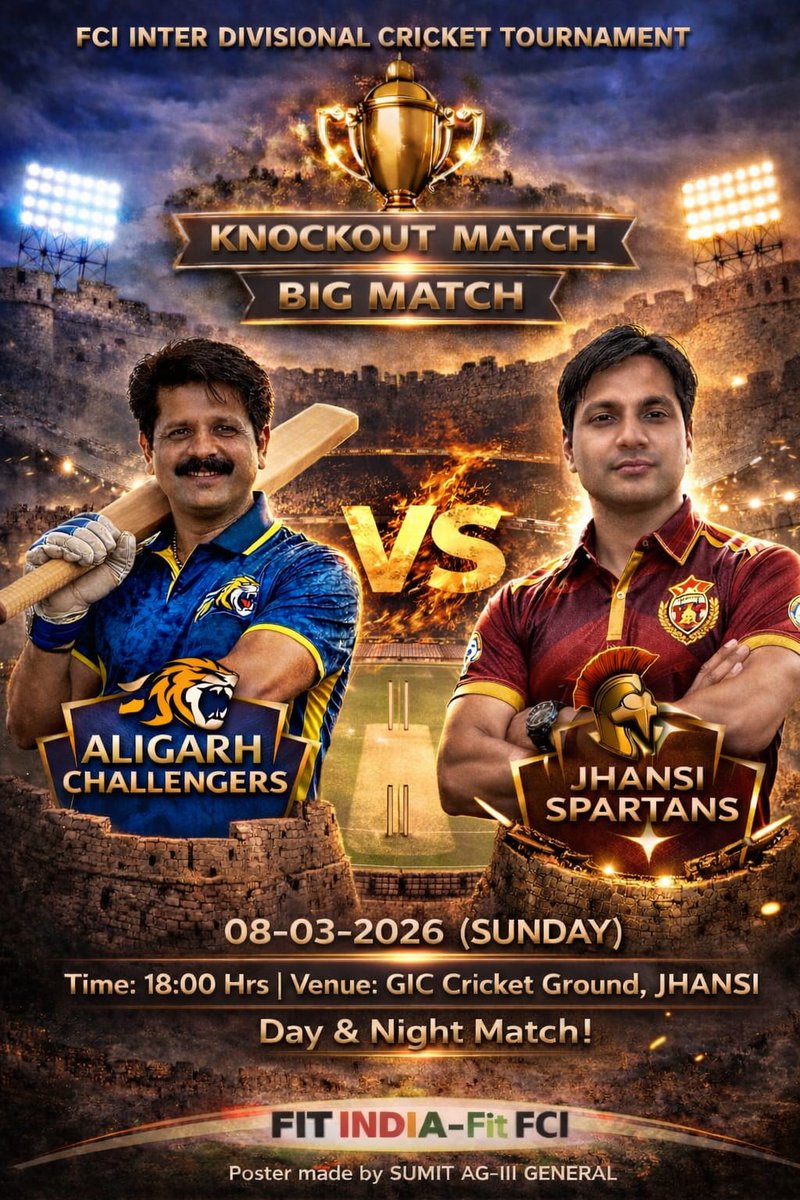 🏏🔥 Knockout Clash Alert! 🔥🏏
FCI Inter Divisional Cricket Tournament presents a BIG MATCH!
Aligarh Challengers 🆚 Jhansi Spartans
<a href="/DoJhansi/">FCI_Divisional Office_Jhansi</a>
📅 08-03-2026
⏰ 6:00 PM
📍 GIC Cricket Ground, Jhansi
Who will conquer the fort? 🏆 <a href="/psharma_in/">Prashant Sharma</a> <a href="/FCI_India/">Food Corporation of India</a> <a href="/FCI_NorthZone/">Food Corporation of India, North Zone</a>  <a href="/FciLko/">FCI Uttar Pradesh</a>