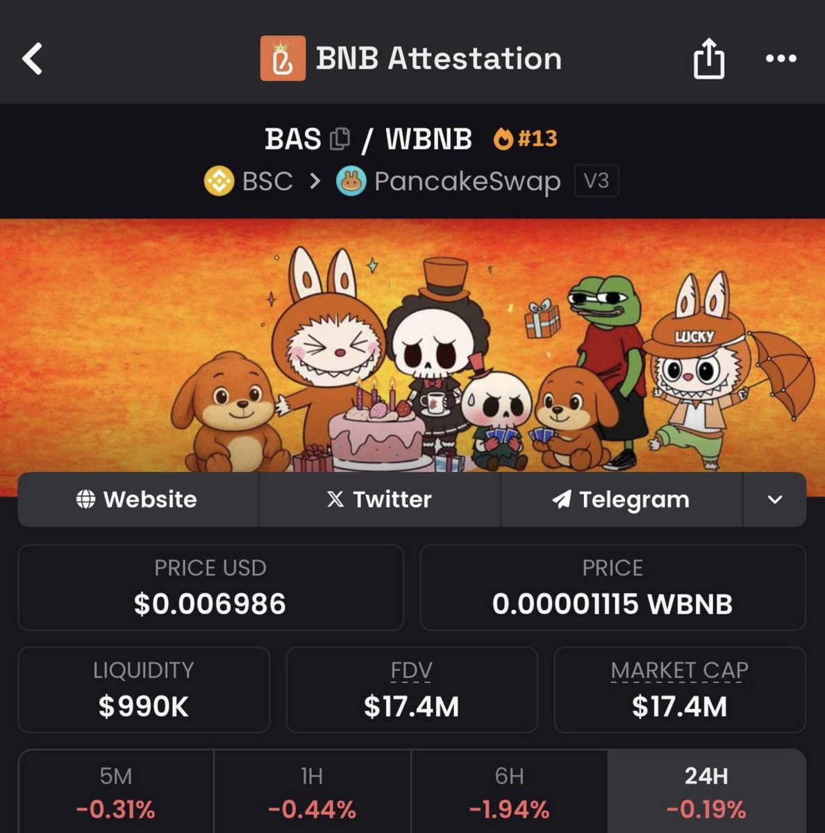 $BAS has officially become a scam token <a href="/BASCAN_io/">BAS(BNB Attestation Service)</a> 

I sincerely don't understand people buying this scam token...  

- Here are 5 reasons why $BAS will fall from 17M mcap to 500k mcap in 3 days.  

1. The token has already fallen 90%  
2. The market narrative has already shifted