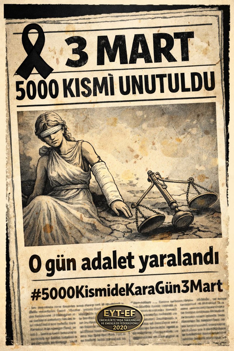 EYT
👇
#5000KısmideKaraGün3Mart

3 Mart...
5000 Kısmi için kara gün !

#EYT yasası çıktı ama;
5000 Kısmi dışarıda bırakıldı.

O gün ;
Güven sarsıldı.
Adalet yaralandı.

Ancak;
Bu mesele kapanmadı.

Ya Kapanacak !
Ya Kapanacak !

#TüikYazdıEmekliBattı
<a href="/RTErdogan/">Recep Tayyip Erdoğan</a>
<a href="/isikhanvedat/">Prof. Dr. Vedat Işıkhan</a>