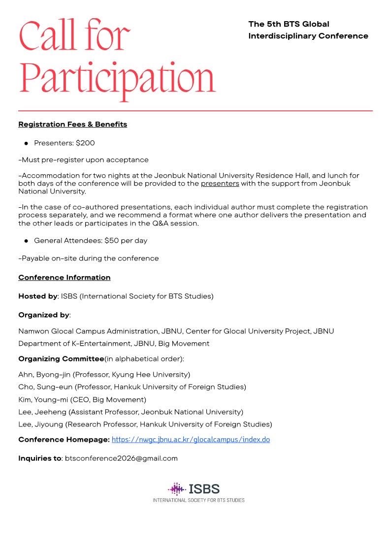 JeeLee06767883's tweet photo. [Extended Submission Deadline]: Mar 31, 2026

We are extending the CFP deadline to March 31 to welcome more diverse voices to our upcoming The 5th BTS Global Interdisciplinary conference.

Registered Presenter Benefits:

• 2 nights of on-campus dormitory accommodation provided https://t.co/mlq3DrBZFZ
