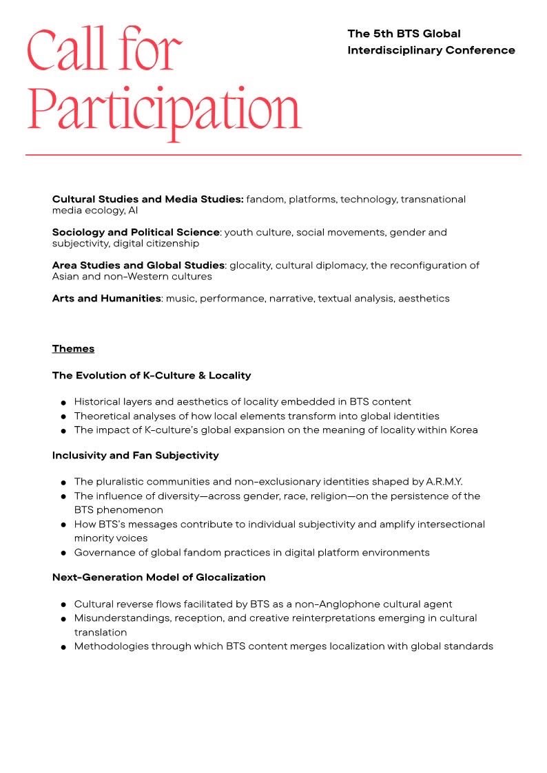 JeeLee06767883's tweet photo. [Extended Submission Deadline]: Mar 31, 2026

We are extending the CFP deadline to March 31 to welcome more diverse voices to our upcoming The 5th BTS Global Interdisciplinary conference.

Registered Presenter Benefits:

• 2 nights of on-campus dormitory accommodation provided https://t.co/mlq3DrBZFZ