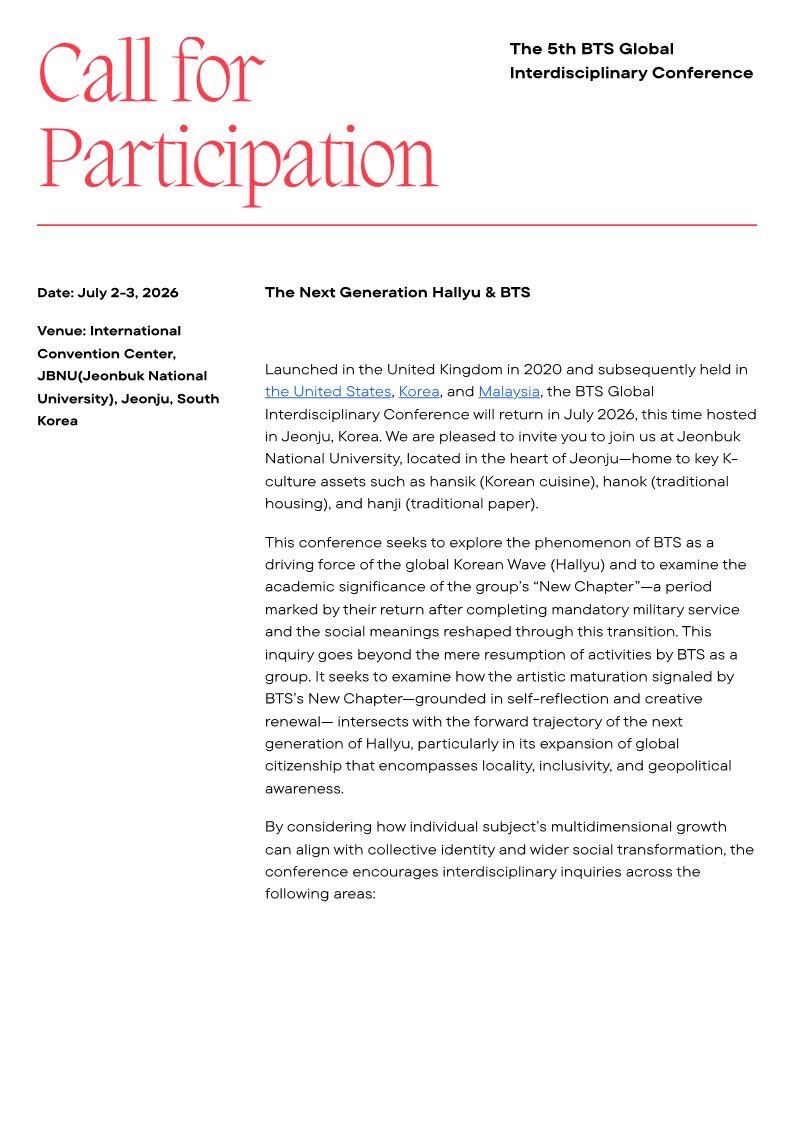 JeeLee06767883's tweet photo. [Extended Submission Deadline]: Mar 31, 2026

We are extending the CFP deadline to March 31 to welcome more diverse voices to our upcoming The 5th BTS Global Interdisciplinary conference.

Registered Presenter Benefits:

• 2 nights of on-campus dormitory accommodation provided https://t.co/mlq3DrBZFZ