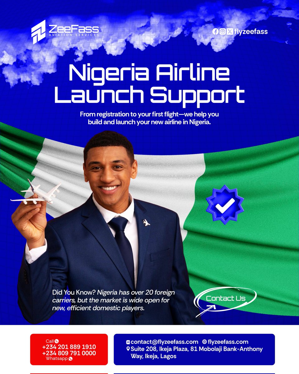 flyzeefass's tweet photo. Nigeria Airline Launch Support. Dreaming of starting your own airline? We guide you from registration to your very first flight. From navigating NCAA regulations to commencement of operations, ZeeFass is your dedicated partner for a successful takeoff. https://t.co/2oPumLFw6b