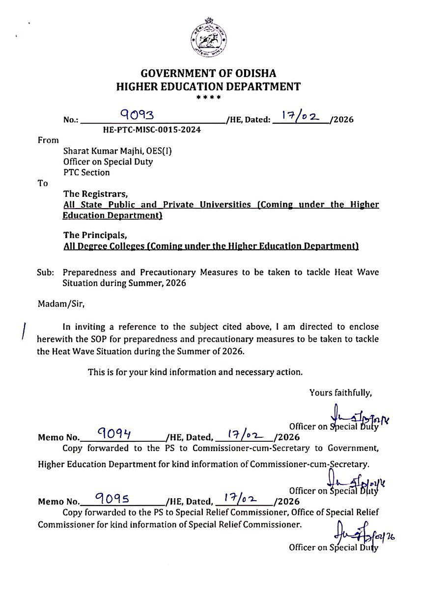 DHE_Odisha's tweet photo. SOP for Heat Wave Management 2026 places student safety at the centre this summer, with clear guidelines on preparedness and precautionary measures.
@CMO_Odisha @suryabanshibjp
@IPR_Odisha
#SOP #summer #heat #HigherEducation https://t.co/n8F1HWLXxn
