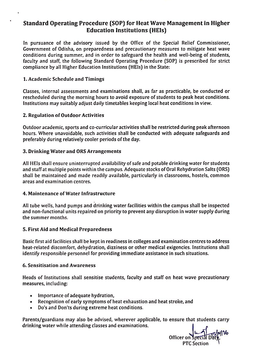DHE_Odisha's tweet photo. SOP for Heat Wave Management 2026 places student safety at the centre this summer, with clear guidelines on preparedness and precautionary measures.
@CMO_Odisha @suryabanshibjp
@IPR_Odisha
#SOP #summer #heat #HigherEducation https://t.co/n8F1HWLXxn