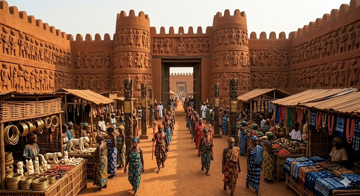 FictionXHistory's tweet photo. In 1897, Benin City rose behind mighty earth walls and deep moats. Inside the palace, ivory tusks and brass plaques told the story of kings. Bronze casters shaped metal in honor of ancestors. The kingdom thrived in art, culture, and law. #BeninEmpire #EdoKingdom #AfricanHistory https://t.co/Mu6vLghIU5