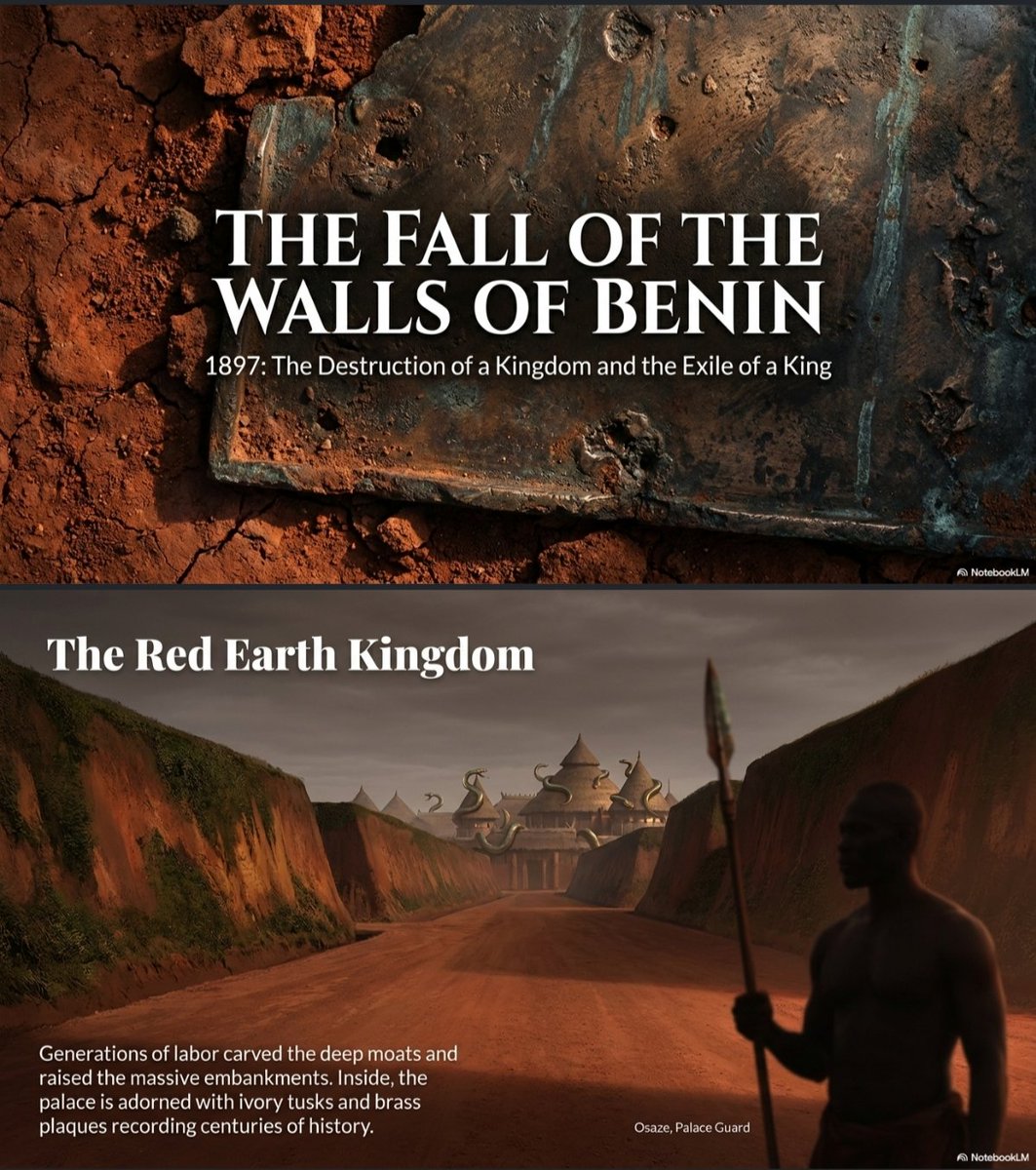 FictionXHistory's tweet photo. In 1897, Benin City rose behind mighty earth walls and deep moats. Inside the palace, ivory tusks and brass plaques told the story of kings. Bronze casters shaped metal in honor of ancestors. The kingdom thrived in art, culture, and law. #BeninEmpire #EdoKingdom #AfricanHistory https://t.co/Mu6vLghIU5