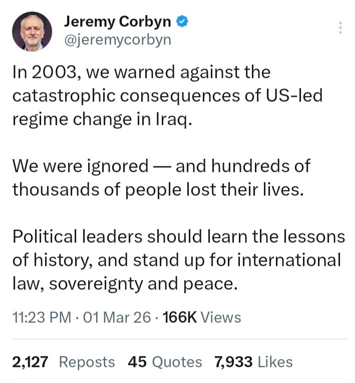 In 2003, we warned against the catastrophic consequences of US-led regime change in Iraq. 

We were ignored — and hundreds of thousands of people lost their lives. 

Political leaders should learn the lessons of history, and stand up for international law, sovereignty and peace.