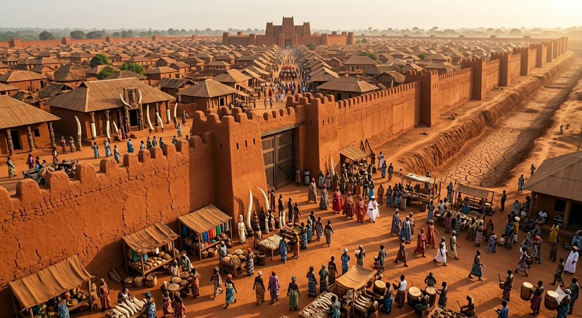 FictionXHistory's tweet photo. In 1897, Benin City rose behind mighty earth walls and deep moats. Inside the palace, ivory tusks and brass plaques told the story of kings. Bronze casters shaped metal in honor of ancestors. The kingdom thrived in art, culture, and law. #BeninEmpire #EdoKingdom #AfricanHistory https://t.co/Mu6vLghIU5
