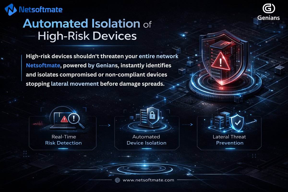Netsoftmate's tweet photo. One device can expose the network
@Netsoftmate powered by @WithGENIANS isolates risky devices before threats spread
Detect | Isolate | Contain
🌐 https://t.co/bGNVHLlz6r
#Netsoftmate #Genians #NetworkAccessControl #ZeroTrustSecurity https://t.co/rrYALGIP34