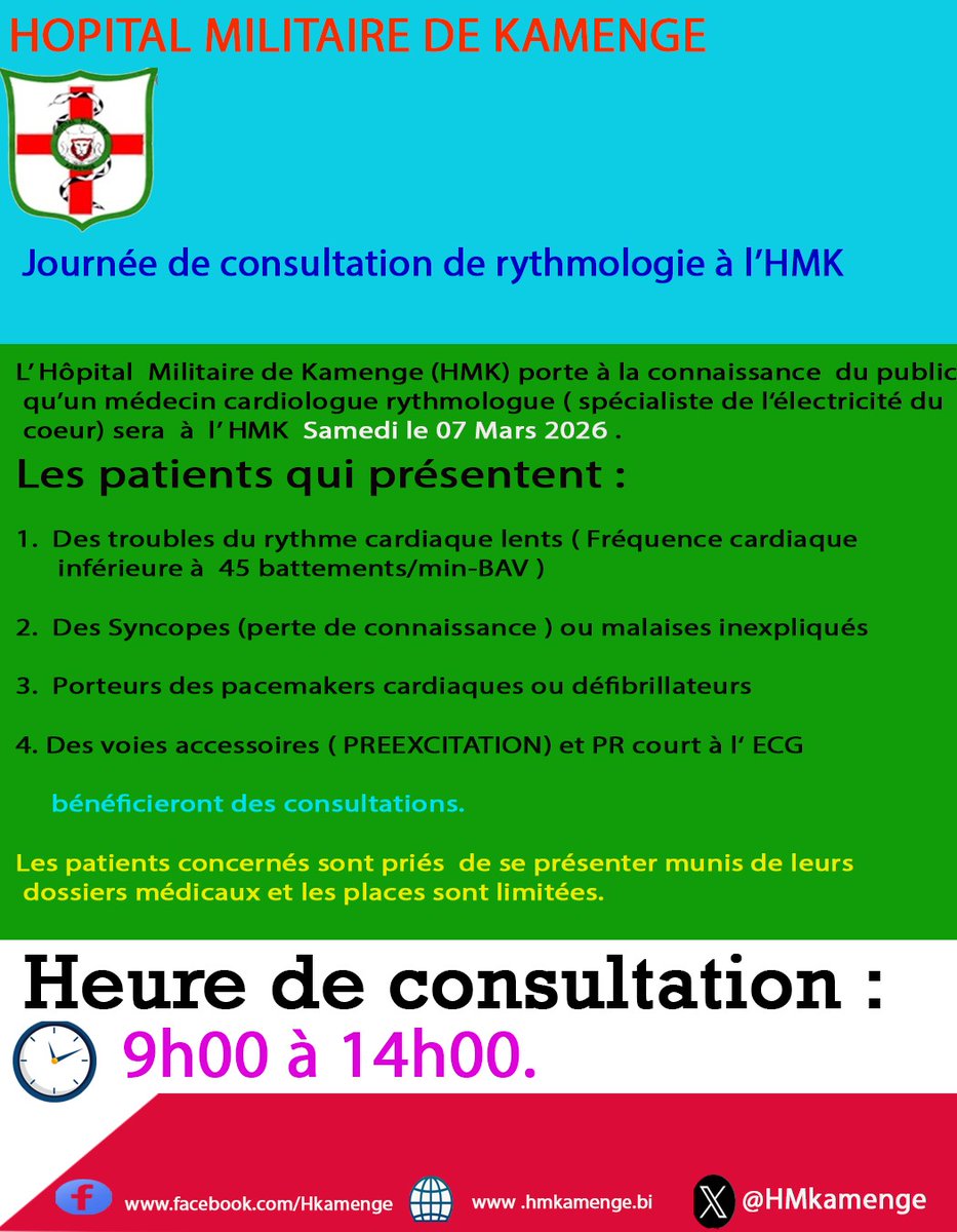 HMKamenge's tweet photo. Journée de #consultation de #rythmologie à l'@HMKamenge. https://t.co/h1DTrnw9ne