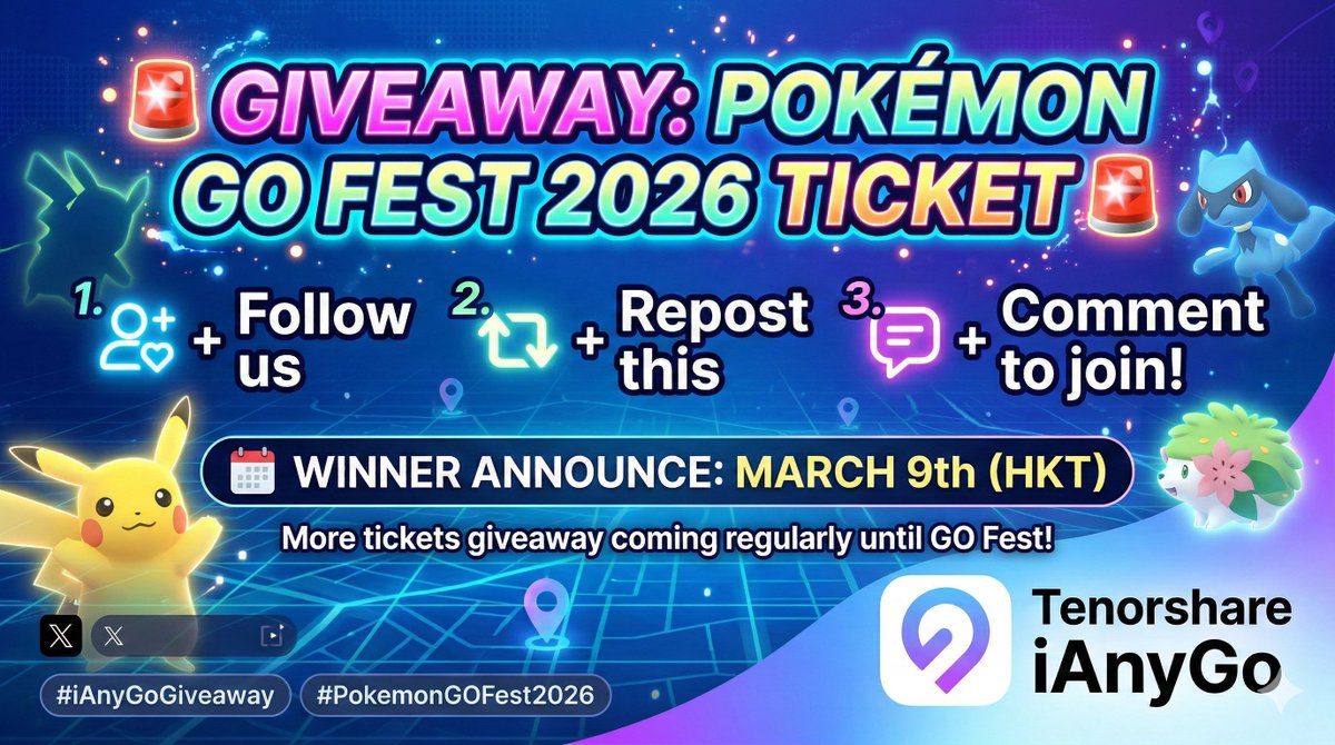 ianygo_official's tweet photo. 🚨 GIVEAWAY: POKÉMON GO FEST 2026 TICKET 🚨

🎫Want to join the biggest event of the year for FREE?
✨ We’re giving away one ticket to a lucky Trainer!

✅ How to Enter:
1️⃣ Follow @ianygo_official 
2️⃣ Repost this post
3️⃣ Comment below: "Followed and reposted, good luck!" 

📅 Winner Announce: March 9th (HKT)

🔥AND THAT'S NOT ALL!🔥
More tickets giveaway coming regularly until GO Fest!
Follow us and don't miss out! 🎁

#PokemonGO #PokemonGOFest2026 #Giveaway #PokemonGOFest #Gaming #Niantic
