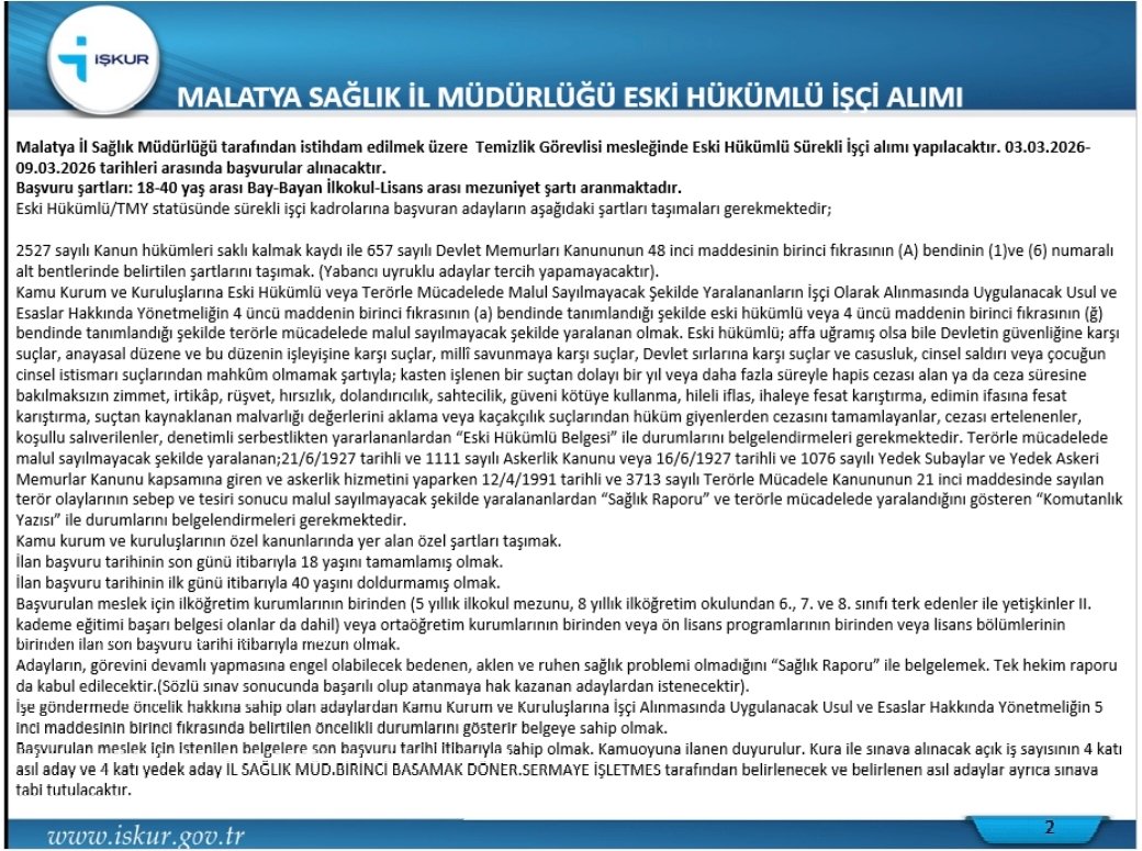 Malatya İl Sağlık Müdürlüğü Eski Hükümlü Sürekli İşçi Alımı