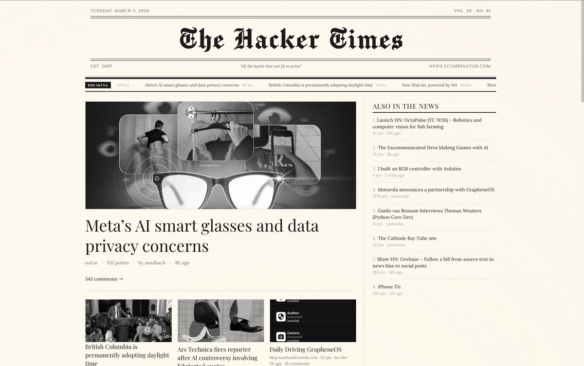 My take on a hacker news client, an actual newspaper layout

Ofcourse built with <a href="/CloudflareDev/">Cloudflare Developers</a> 

the-hacker-times.examples.workers.dev