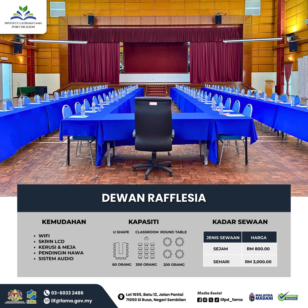 PERKHIDMATAN SEWAAN DEWAN DAN BILIK SEMINAR

Untuk tempahan, hubungi:
 03-6033 2486
 ilf@fama.gov.my

#ilfpd_fama
#famadihatirakyat
#FAMAMalaysia
#CukupDanTerjamin
#KPKMMalaysia
#MalaysiaMadani
#MADANIBekerja