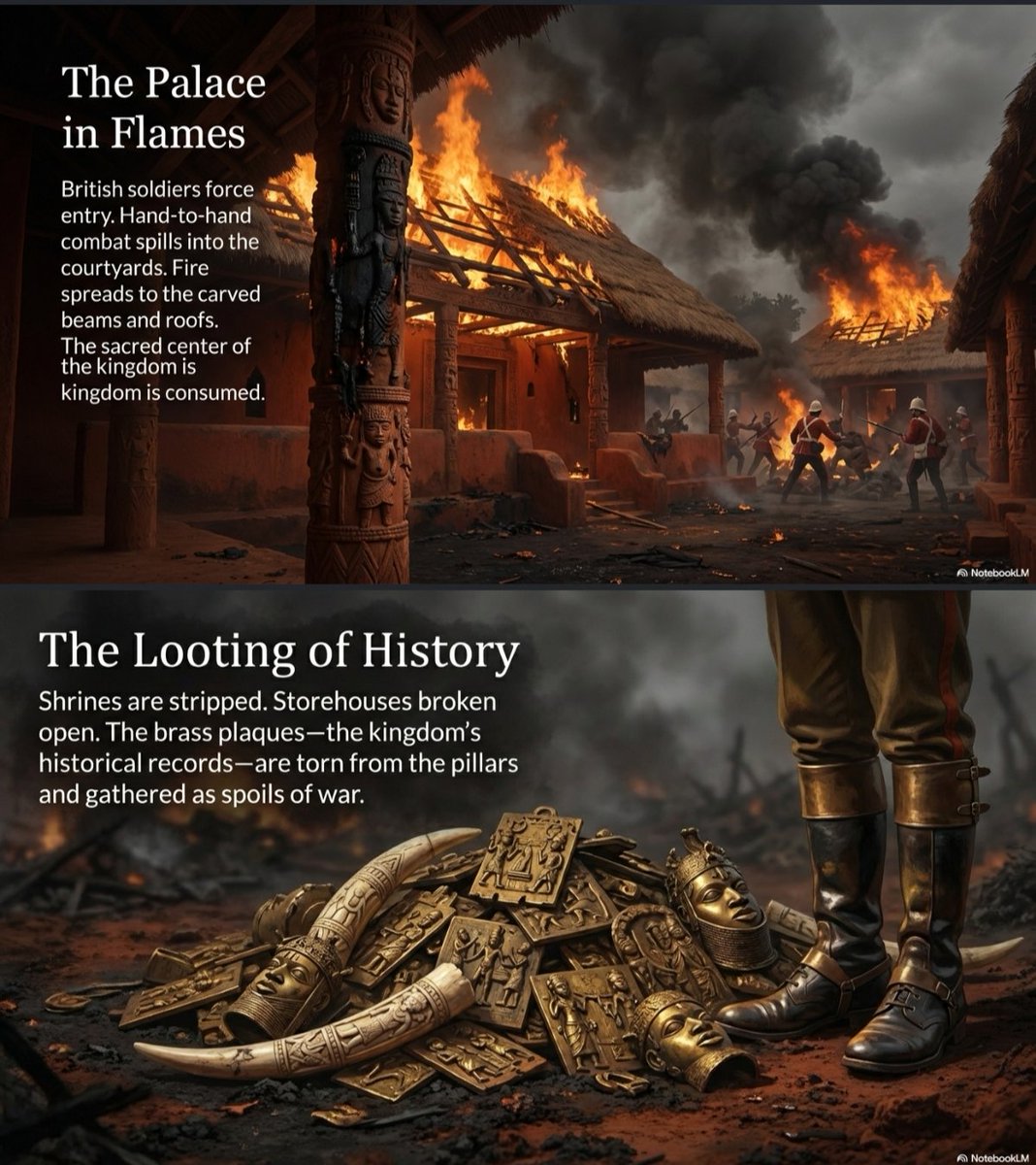 FictionXHistory's tweet photo. In February 1897, Admiral Sir Harry Rawson led British forces into Benin City. Artillery tore through the great earth walls and moats. The palace was burned. Ivory tusks and brass plaques were seized and carried away. The kingdom fell under invasion.
#BeninEmpire #BeninExpedition https://t.co/wygrnBvt2D